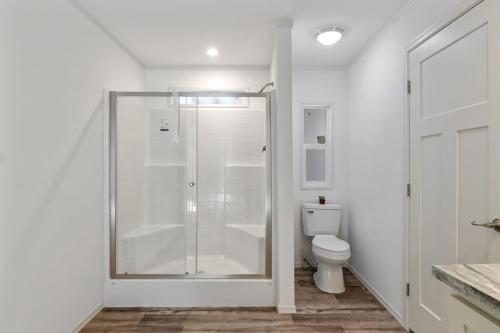 A white bathroom with a shower and toilet.